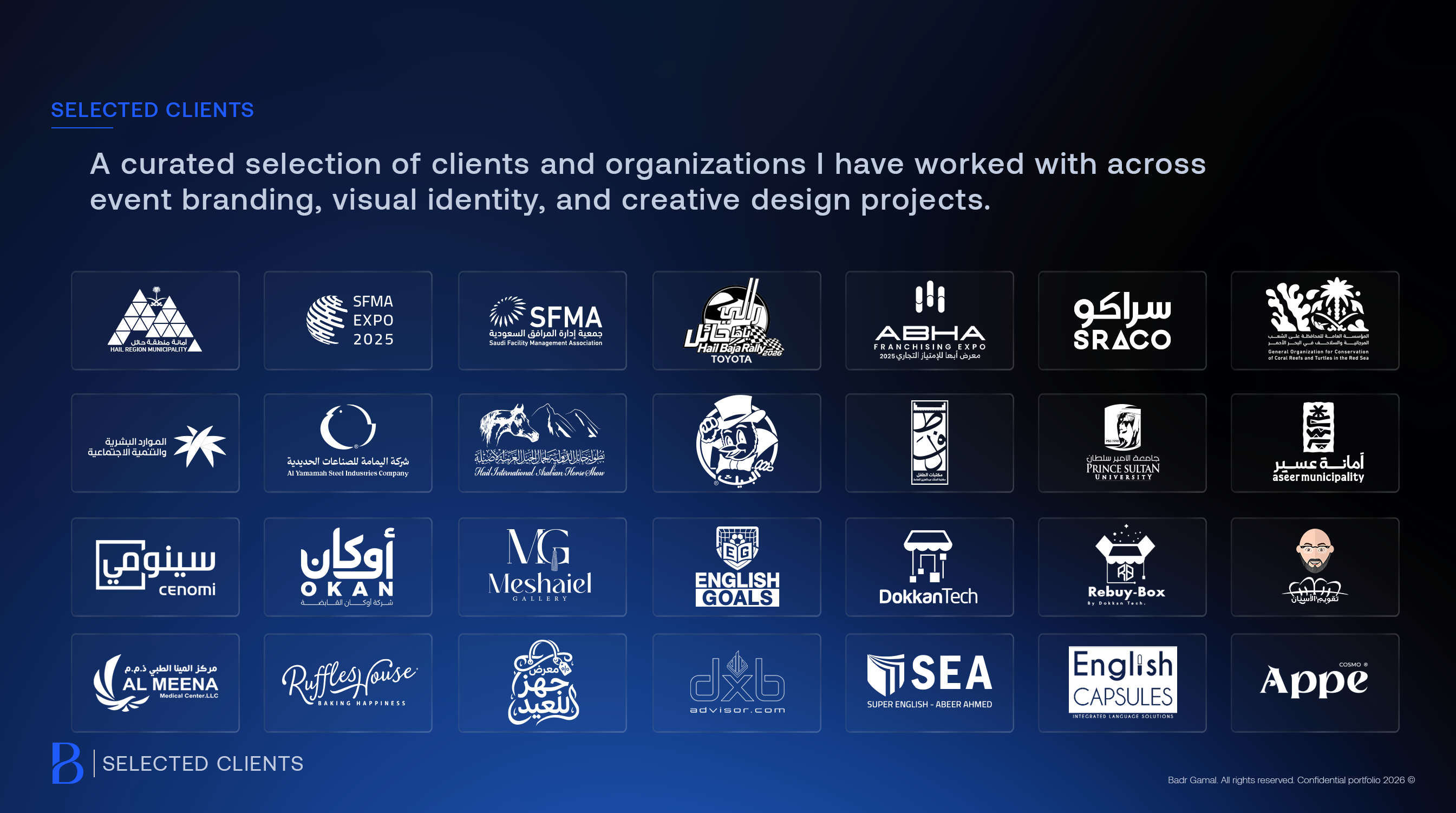 Selected clients and organizations across event branding, visual identity and creative design projects